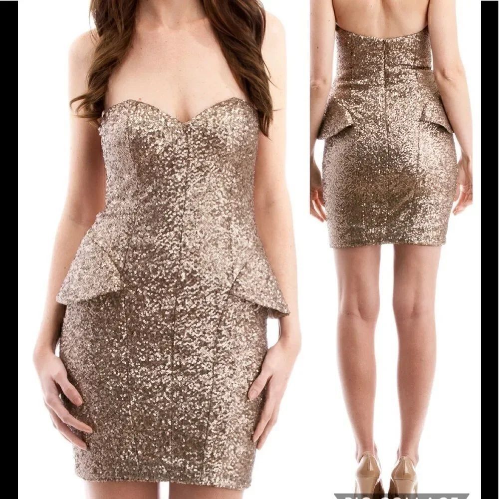 Unspoken  gold sequin strapless Pepulm dress